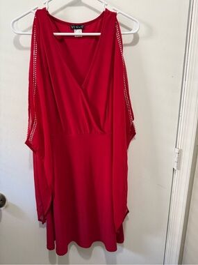 VENUS Red V-Neck Midi Dress with Sleeve Stud Detail